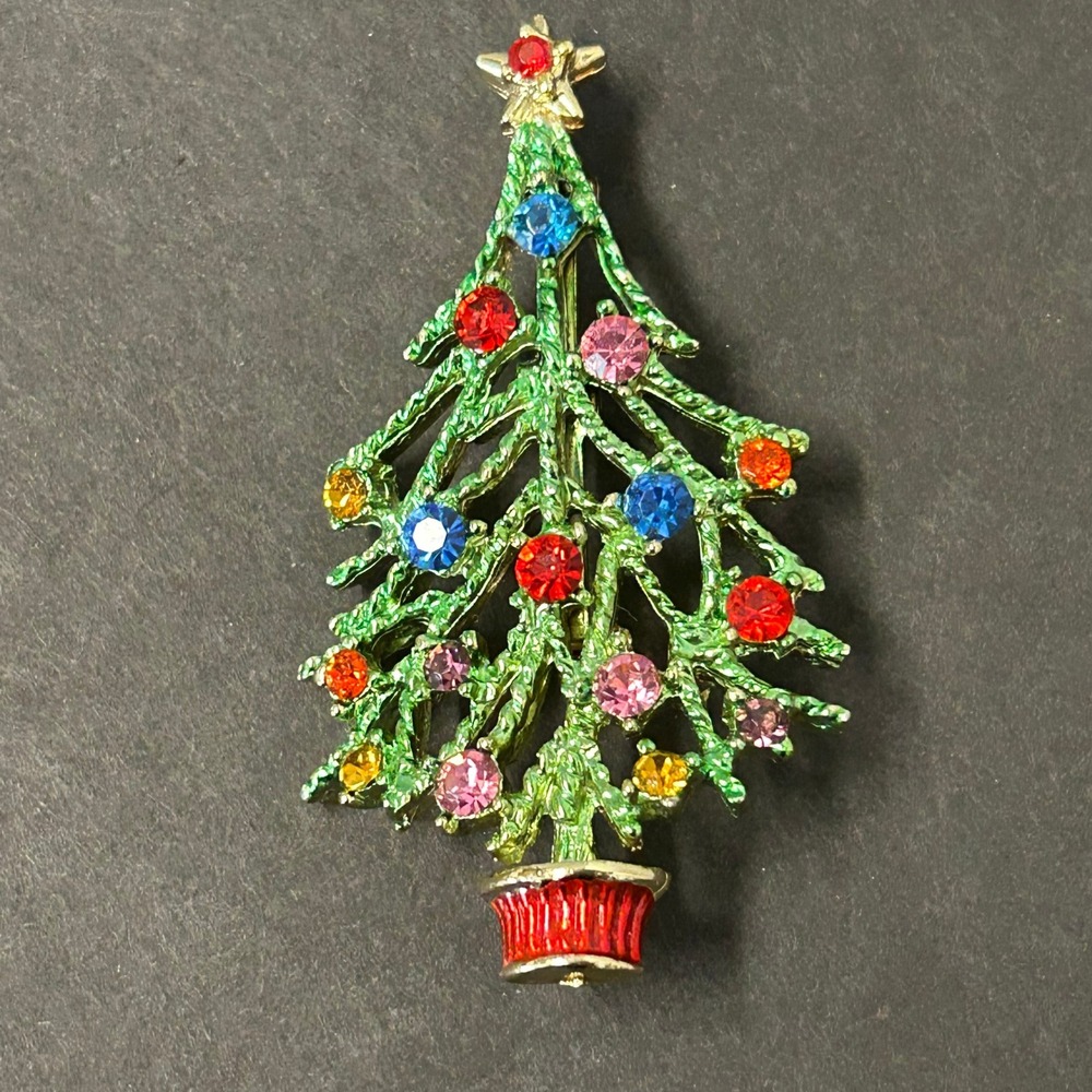 Christmas Tree Brooch Green Excellent Rhinestone Enamel Pin